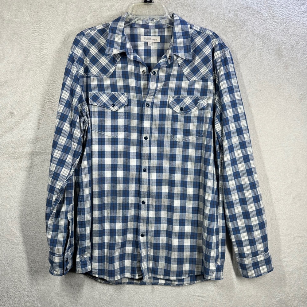 Blue Ranchwear Western Shirt Mens Large Blue Plaid Snap Front Long Sleeve Cotton